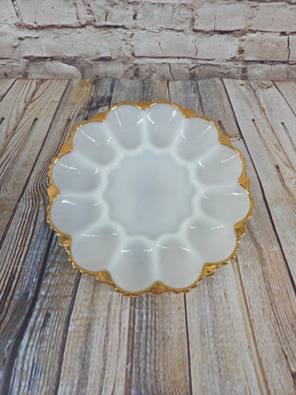 Vintage Anchor Hocking White Milk Glass Gold Trim Egg Plate 10in